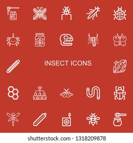 Editable 22 insect icons for web and mobile. Set of insect included icons line Honey, Butterfly, Parasite, Grasshopper, Ladybug, Spider, Fossil, Scorpion, Centipede on red background
