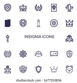 Editable 22 insignia icons for web and mobile. Set of insignia included icons line Shield, Crown, Laurel, Passport, Eagle, Award, Scepter, Badge, Dharma wheel on white background