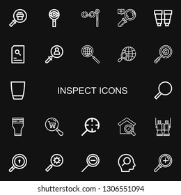 Editable 22 inspect icons for web and mobile. Set of inspect included icons line Magnifying glass, Search, Binoculars, Magnifying, Magnifier, Glass, Zoom out on black background
