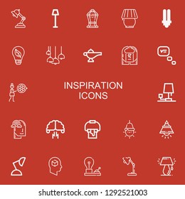 Editable 22 inspiration icons for web and mobile. Set of inspiration included icons line Lamp, Lightbulb, Bulb, Brainstorm, Thinking, Modesty, Imagination, Brainstorming on red background