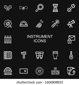 Editable 22 instrument icons for web and mobile. Set of instrument included icons line Maracas, Horn, Search, Hourglass, Weight, Maintenance, Protractor, Trumpet on black background