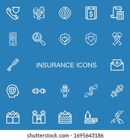 Bearbeitbar 22 Versicherungs-Icons für Web und Mobile. VersicherungsSatz inbegriffen Symbole inklusive Versicherung, Familie, Rückerstattung, Bill, Charity, Disaster, Investition, Sicherheitsgurt auf blauem Hintergrund