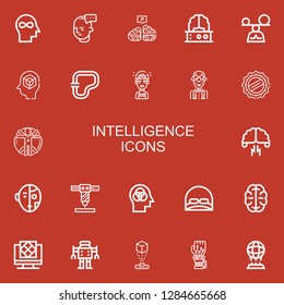 Editable 22 intelligence icons for web and mobile. Set of intelligence included icons line Mind, Neural, Brain, Mindfulness, Circuit, Artificial intelligence on red background