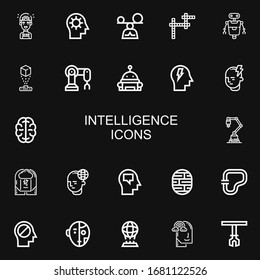 Editable 22 intelligence icons for web and mobile. Set of intelligence included icons line Artificial intelligence, Mind, Mindfulness, Crossword, Robot, Hologram on black background