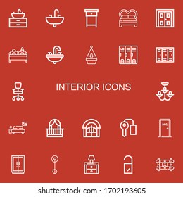 Editable 22 interior icons for web and mobile. Set of interior included icons line Sink, Nightstand, Bed, Double door, Double bed, Hanging pot, Locker, Lockers on red background