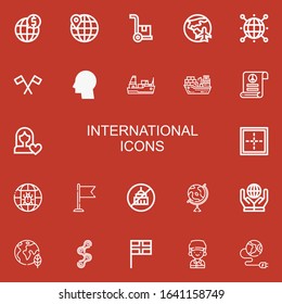 Editable 22 international icons for web and mobile. Set of international included icons line Global, Worldwide, Cargo, Planet earth, World, Flag, Cargo ship on red background