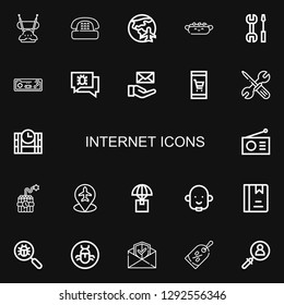Editable 22 internet icons for web and mobile. Set of internet included icons line Antenna, Phone, Planet earth, Hot dog, Settings, Joystick, Chat, Email, Online shop on black background