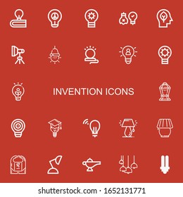 Editable 22 invention icons for web and mobile. Set of invention included icons line Idea, Lightbulb, Ideas, Inspiration, Light, Lamp, Bulb, Brainstorm on red background