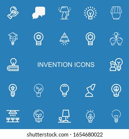 Editable 22 invention icons for web and mobile. Set of invention included icons line Idea, Lamp, Lightbulb, Bulb, Light on blue background