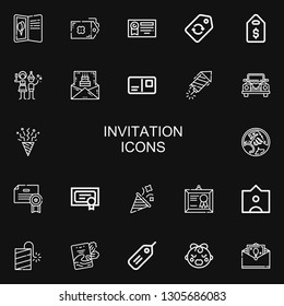 Editable 22 invitation icons for web and mobile. Set of invitation included icons line Postcard, Tag, Diploma, Label, Price tag, Christmas party, Birthday invitation on black background