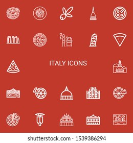 Editable 22 italy icons for web and mobile. Set of italy included icons line Pizza, Pasta, Olive, Mole antonelliana, Stonehenge, Pisa, Rialto bridge, Vatican on red background