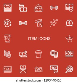 Editable 22 item icons for web and mobile. Set of item included icons line Money, Weight, Branch, Bucket, Crank arm on red background