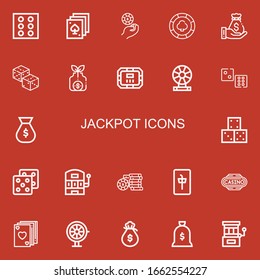 Editable 22 jackpot icons for web and mobile. Set of jackpot included icons line Dice, Poker, Casino chip, Money bag, Dices, Poker table, Roulette, Slot machine on red background