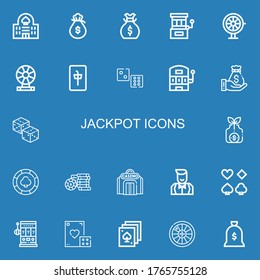 Editable 22 jackpot icons for web and mobile. Set of jackpot included icons line Casino, Money bag, Slot machine, Roulette, Mahjong, Dice, Dices, Casino chip on blue background