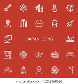 Editable 22 japan icons for web and mobile. Set of japan included icons line Chopsticks, Shuriken, Bamboo, Taoism, Wrestler, Kimono, Onigiri, Geisha, Sai, Martial arts on red background