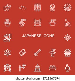 Editable 22 japanese icons for web and mobile. Set of japanese included icons line Dragon, Dumpling, Tofu, Rice, Jiaozi, Noodle, Noodles, Samurai, Sake, Martial arts on red background