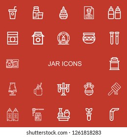 Editable 22 jar icons for web and mobile. Set of jar included icons line Smoothie, Diary product, Pottery, Vase, Sauces, Baby food, Jam, Ceramic, Test tubes on red background