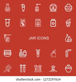 Editable 22 jar icons for web and mobile. Set of jar included icons line Vase, Smoothie, Honey, Ceramic, Test tube, Peanut butter, Pottery, Test tubes, Inukshuk on red background