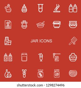 Editable 22 jar icons for web and mobile. Set of jar included icons line Elixir, Pottery, Test tube, Sauces, Vase, Jug, Baby food, Jar, Diary product, Honey on red background