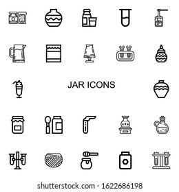 Editable 22 jar icons for web and mobile. Set of jar included icons line Jam, Vase, Diary product, Test tube, Honey, Pitcher, Pottery, Smoothie, Baby food on white background