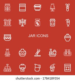 Editable 22 jar icons for web and mobile. Set of jar included icons line Honey, Jar, Pottery, Test tube, Test tubes, Peanut butter, Jam, Smoothie, Vase, Hive on red background