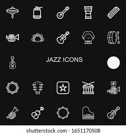 Editable 22 jazz icons for web and mobile. Set of jazz included icons line Cymbal, Drum, Mandolin, Timpani, Harmonica, Trumpet, Tambourine, Guitar, Musician on black background