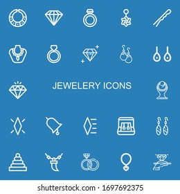 Editable 22 jewelery icons for web and mobile. Set of jewelery included icons line Necklace, Diamond, Ring, Belly piercing, Hairpin, Earrings, Rings on blue background