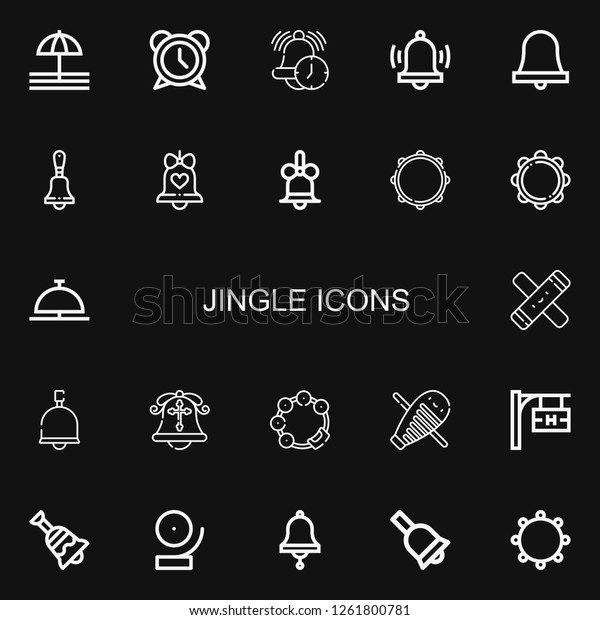 Editable 22 jingle icons for web and mobile.\
Set of jingle included icons line Bell, Alarm, Tambourine, Clave,\
Guiro, Hotel signal on black\
background