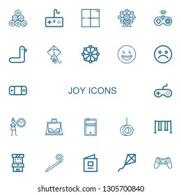 Editable 22 joy icons for web and mobile. Set of joy included icons line Pool, Gamepad, Delicious, Ferris wheel, Duck, Kite, Happy, Unhappy, Joystick, Cynicism on white background