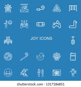 Editable 22 joy icons for web and mobile. Set of joy included icons line Ferris wheel, Pool, Party whistle, Swing, Disgusted, Gamepad, Duck, Trampoline, Controller on blue background