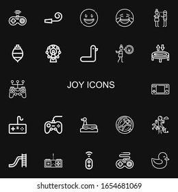 Editable 22 joy icons for web and mobile. Set of joy included icons line Gamepad, Party whistle, Happy, Laughing, Flirty, Spinning top, Ferris wheel, Duck on black background