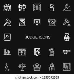 Editable 22 judge icons for web and mobile. Set of judge included icons line Courthouse, Equality, Equalizer, Criminal, Law, Auction, Scale, Penalty, Auction hammer on black background