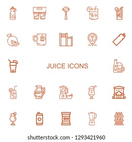 Editable 22 juice icons for web and mobile. Set of juice included icons line Bottle, Drink, Espresso, Lemon juice, Lemonade, Orange, Tea, Bar, Cocktail, Blender on white background