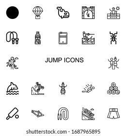 Editable 22 jump icons for web and mobile. Set of jump included icons line Swimming pool, Parachute, Orca, Bungee jumping, Jumping rope, Skier, Pool, Wakeboarding on white background