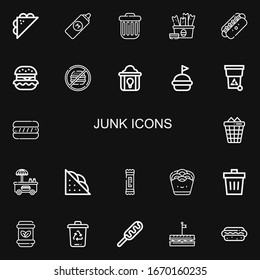 Editable 22 junk icons for web and mobile. Set of junk included icons line Sandwich, Mustard, Trash, Snack, Hot dog, Hamburguer, Junk food, Fried chicken, Trash can on black background