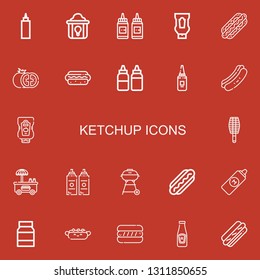 Editable 22 ketchup icons for web and mobile. Set of ketchup included icons line Sauce, Fried chicken, Condiment, Ketchup, Hot dog, Tomato, Hotdog, Sauces, Mayonnaise on red background