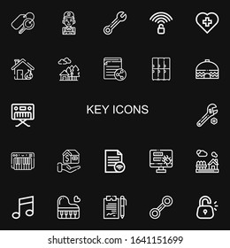 Editable 22 key icons for web and mobile. Set of key included icons line Keys, Mechanic, Wrench, Unlocked, Red cross, House, File, Lockers, Piano, Keyboard on black background
