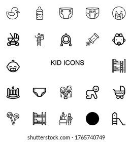 Editable 22 Kid Icons For Web And Mobile. Set Of Kid Included Icons Line Duck, Feeding Bottle, Diaper, Crying, Baby Carriage, Stuffed Animal, Toy, Rattle, Baby On White Background