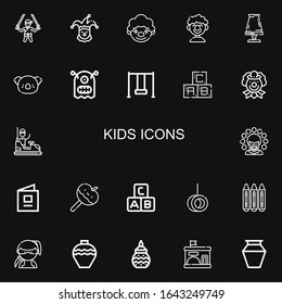 Editable 22 kids icons for web and mobile. Set of kids included icons line Ninja, Clown, Pottery, Koala, Monster, Swing, Abc, Bumper car, Baby book, Caramelized apple on black background