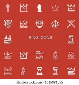 Editable 22 king icons for web and mobile. Set of king included icons line Scepter, Crown, Chess, Viking, Gorilla, Lance, Fortress, Rook, Miss world, Knight on red background