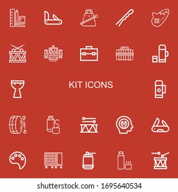 Editable 22 kit icons for web and mobile. Set of kit included icons line Tools, Penknife, Cowbell, Hairpin, Ocarina, Drum, Ui, Toolbox, Thermo, Kettledrum, Thermos on red background