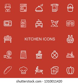 Editable 22 kitchen icons for web and mobile. Set of kitchen included icons line Chef, Freezer, Salver, Towel, Pot, Microwave, Food, Sink, Chili, Stove, Table on red background