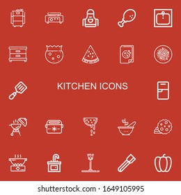 Editable 22 kitchen icons for web and mobile. Set of kitchen included icons line Barbecue, Crepe maker, Apron, Chicken leg, Sink, Nightstand, Bowl, Watermelon on red background
