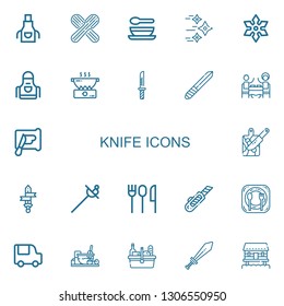 Editable 22 knife icons for web and mobile. Set of knife included icons line Apron, Wooden spoon, Soup, Shuriken, Cooking, Knife, Restaurant, Spreading, Cutting board on white background