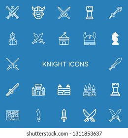 Editable 22 knight icons for web and mobile. Set of knight included icons line Swords, Viking, Rook, Sword, Knight, Castle, Chess, Spears, Sabre, Saber on blue background