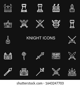 Editable 22 knight icons for web and mobile. Set of knight included icons line Viking, Rook, Chess, Fortress, Knight, Castle, Swords, Lance, Roman helmet, Spears on black background