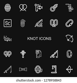 Editable 22 knot icons for web and mobile. Set of knot included icons line Rope, Pretzel, Fishing, Gallows, Lasso, Scout, Carabiner, Bow, Chinese knot, Memorize on black background