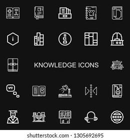 Editable 22 knowledge icons for web and mobile. Set of knowledge included icons line Book, Literature, Recipe book, Magic book, Information, Books, Brain, Graduation cap on black background