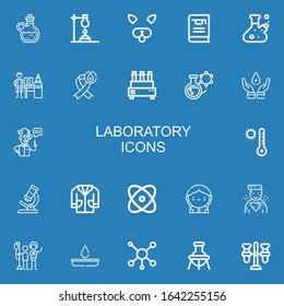 Editable 22 laboratory icons for web and mobile. Set of laboratory included icons line Elixir, Flask, Filter, Thesis, Nanotechnology, Blood donation, Test tube on blue background