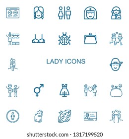 Editable 22 lady icons for web and mobile. Set of lady included icons line Profile, Girl, Restrooms, Nun, Woman, Changing room, Brassiere, Ladybug, Purse, Couple on white background